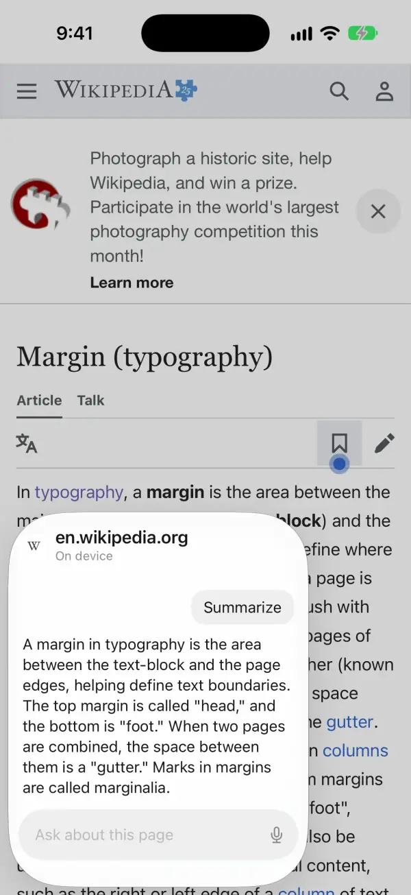 The Ask panel pulled in from the left edge over the Wikipedia article Margin (typography). It is marked On device and shows a short summary of the article.