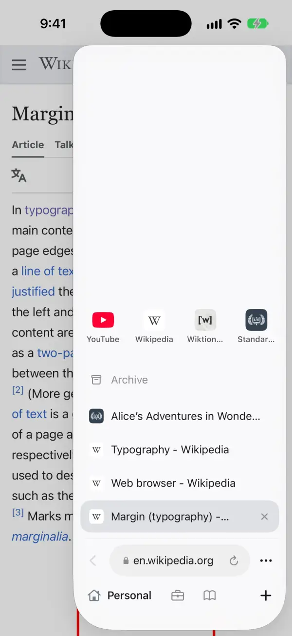 The tabs panel pulled in from the right edge. Four pins on top, then the archive and four tabs with the newest at the bottom, the address en.wikipedia.org, and the spaces along the foot.